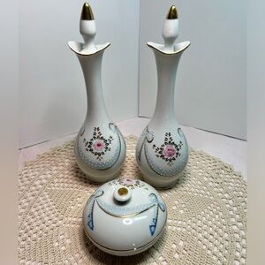 Charming Shabby Chic Hand Painted Porcelain Perfume and Powder Puff 3 Piece